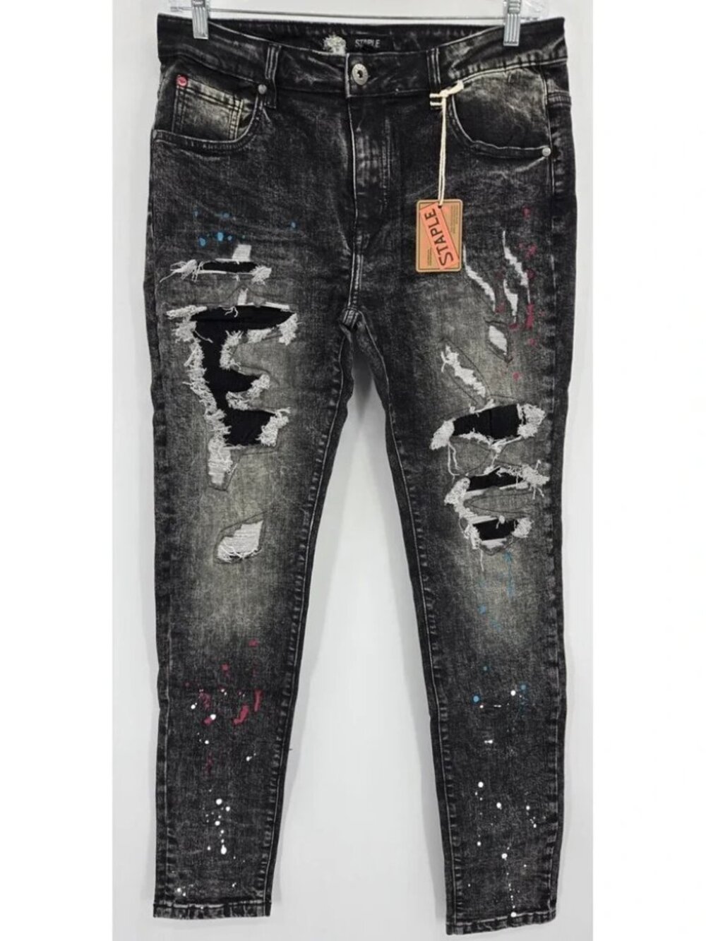 Report Staple Jeans Mens 40x34 Pigeon Work Clothes‎ Black Distressed Skinny Stre